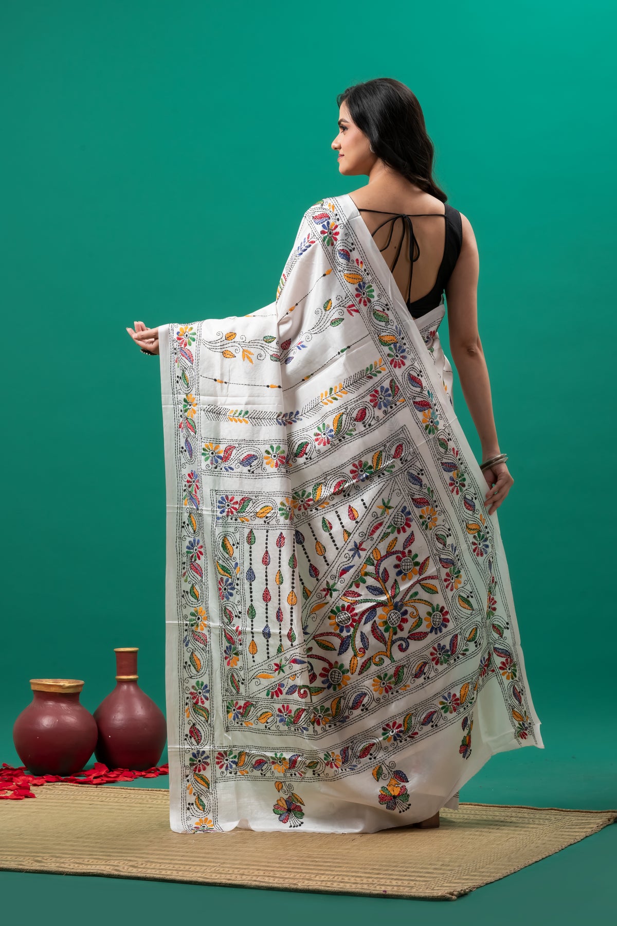 White Kantha stitch Saree on blended silk