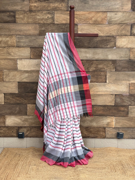 White Check Pure Cotton Dhonekhali Saree