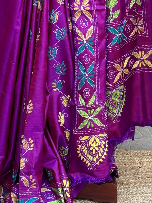 Pakhna hand kantha stitch saree on blended Bangalore silk