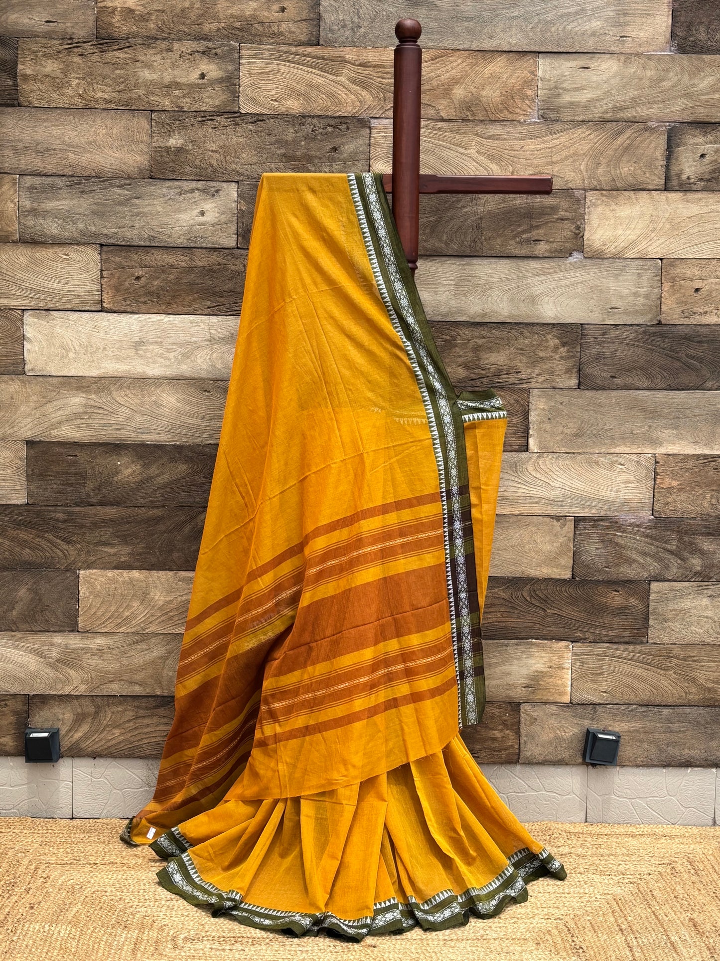Mustard yellow Dhonekhali Pure Cotton Saree