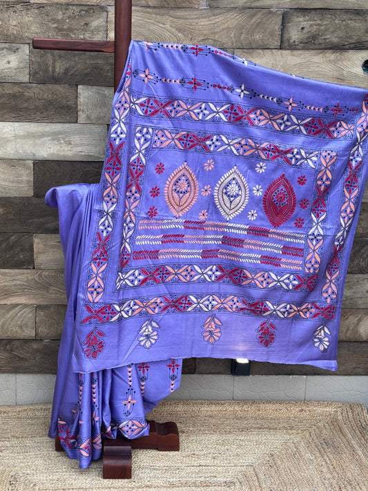 Pakhna Mauve Hand Kantha Saree