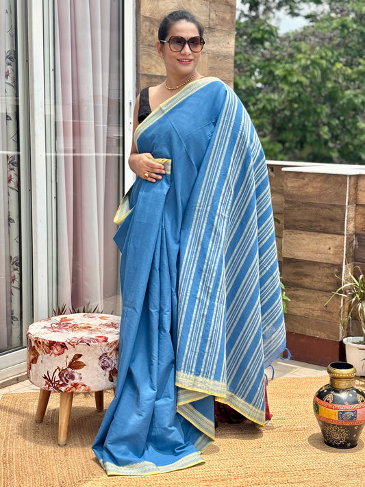 Blue Pure Cotton by Cotton handwoven Saree