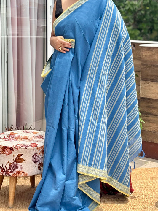 Blue Pure Cotton by Cotton handwoven Saree