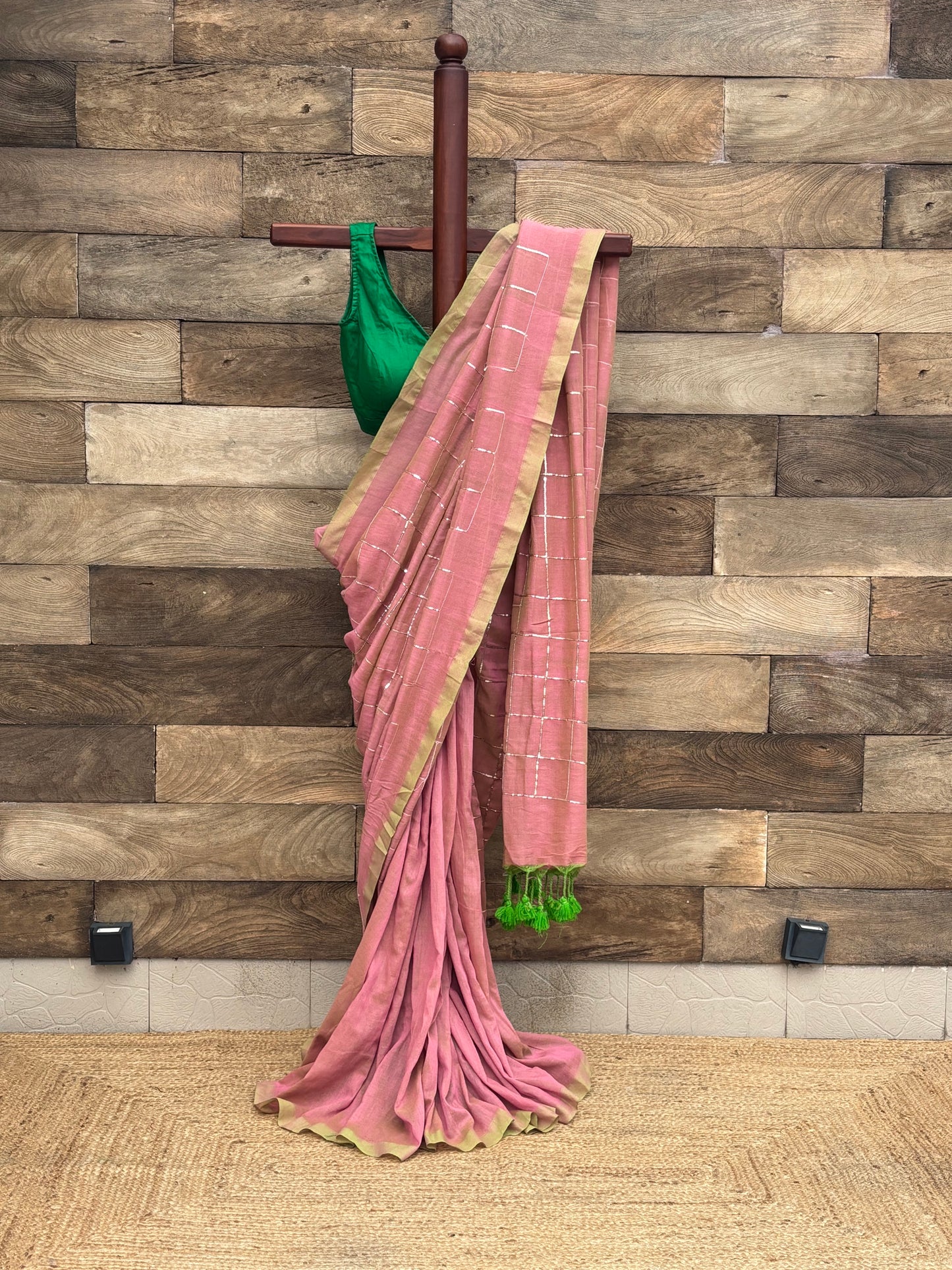 Pink Cotton Sequins Saree