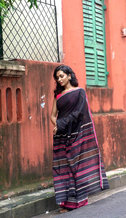 black begumpuri cotton saree drape West Bengal handloom