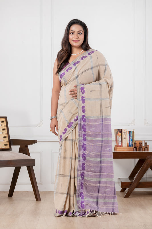 beige & purple khadi cotton saree
