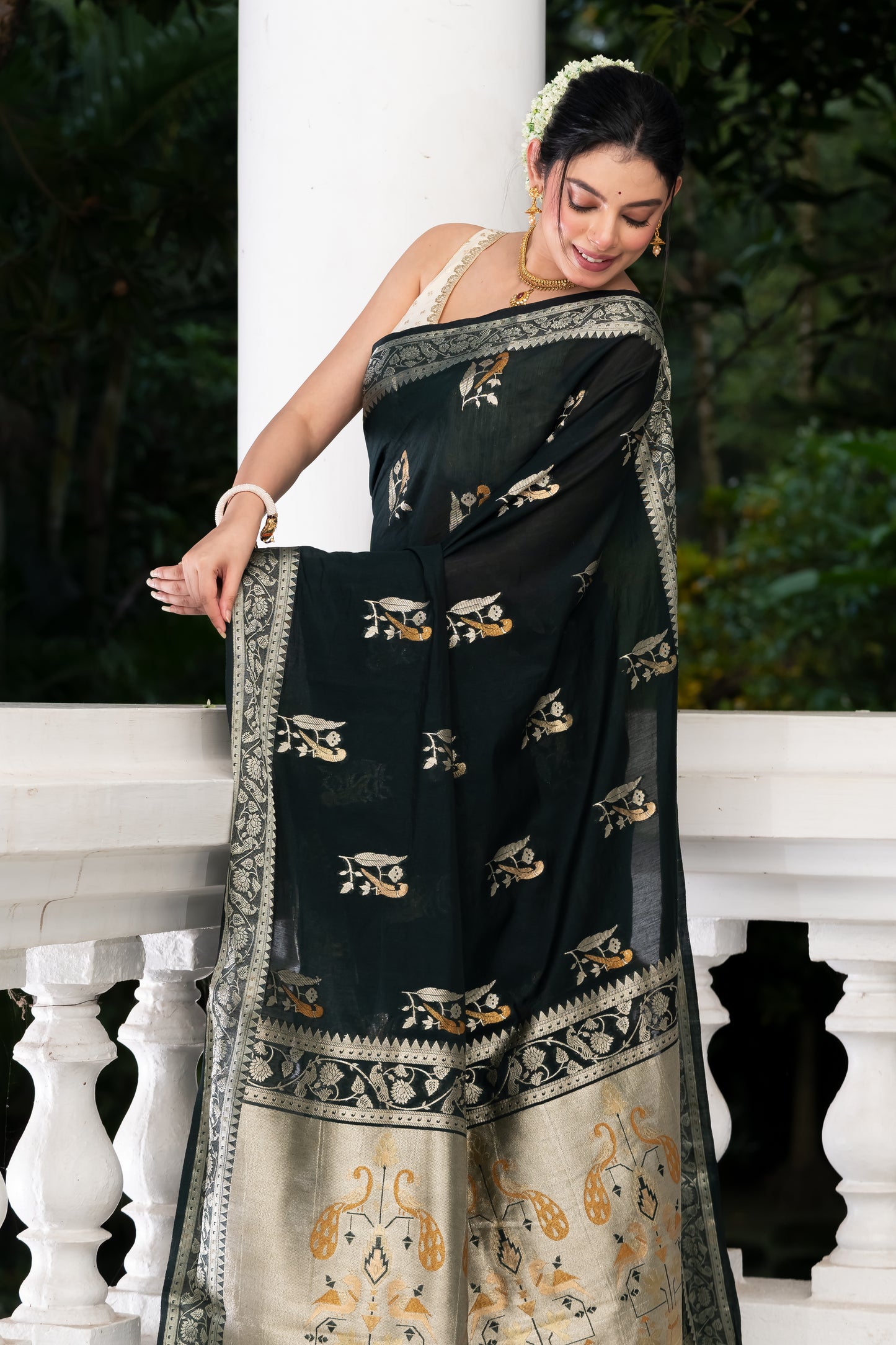 black fancy crape banarasi saree