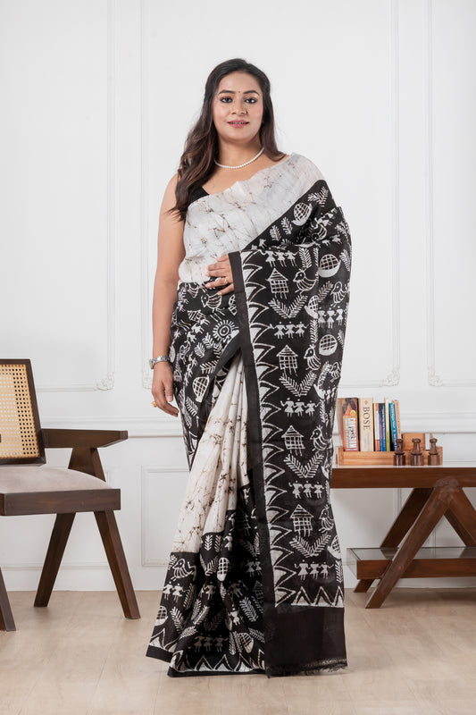 black & white pure murshidabad silk saree