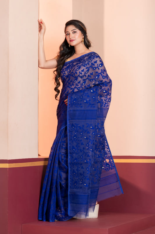 blue silk jamdani cotton saree