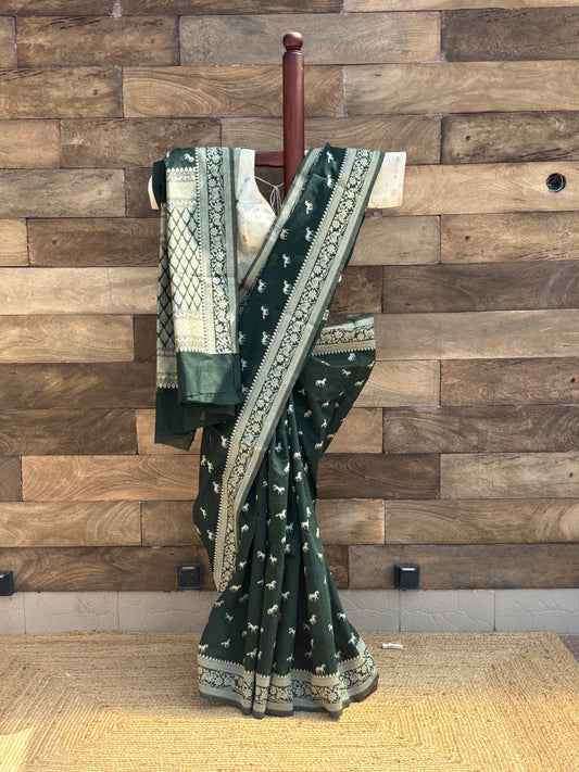 bottle green mercerised banarasi cotton saree