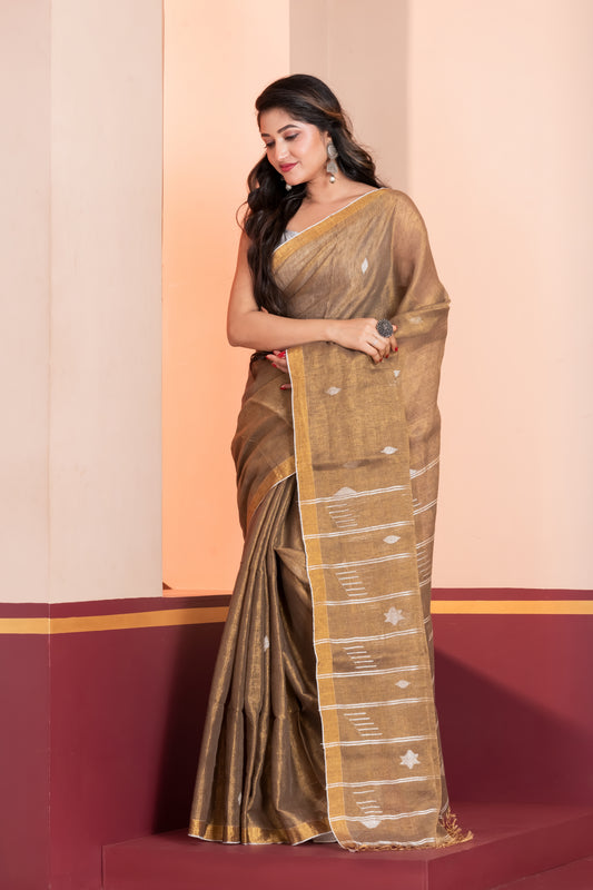 bronze tissue linen jamdani saree