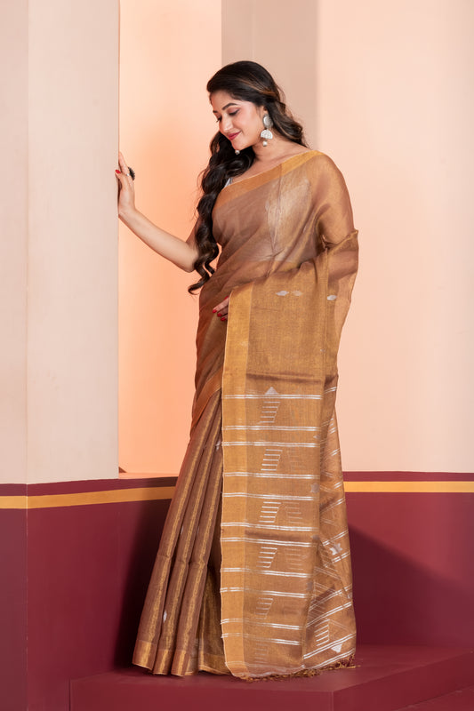brown tissue linen jamdani saree