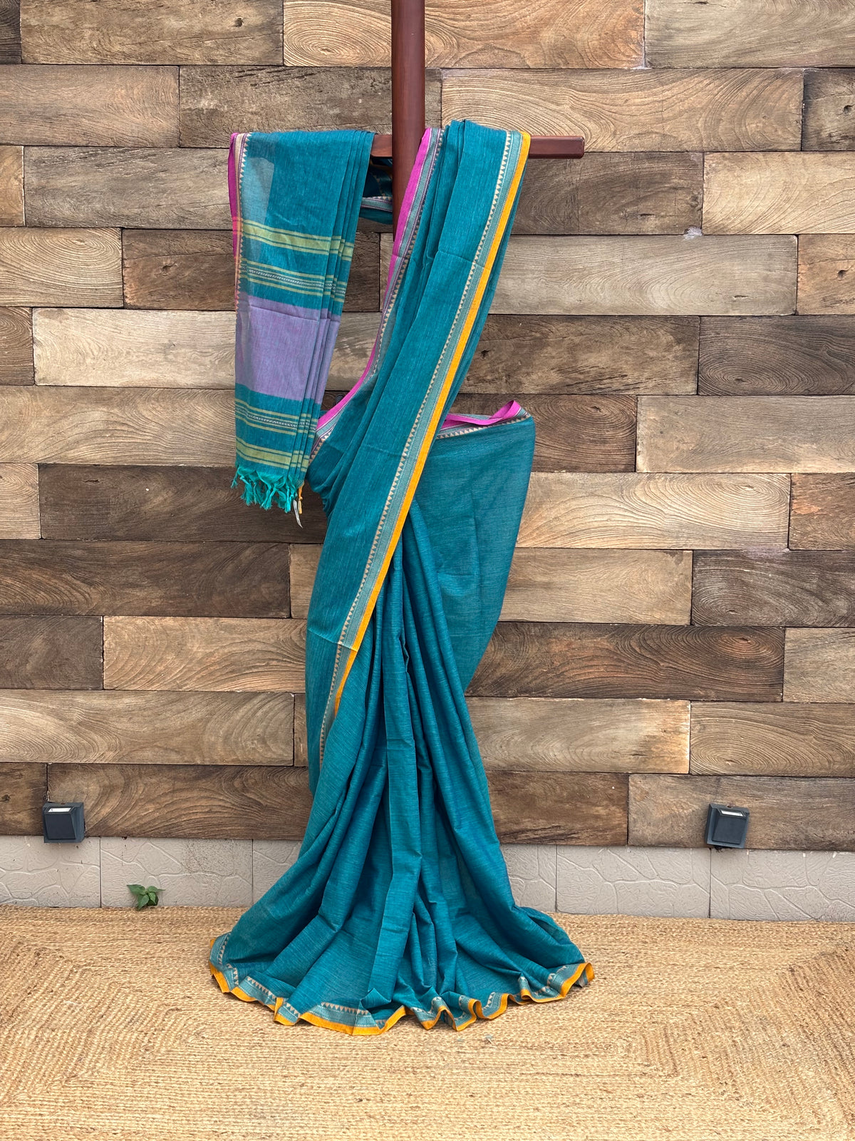 Peacock Blue Pure Cotton Dhonekhali Saree