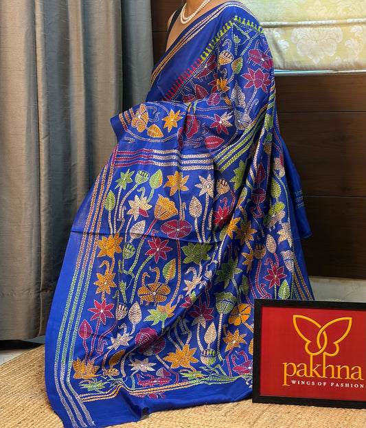 Pakhna Blue Handcrafted Kantha Stich Saree