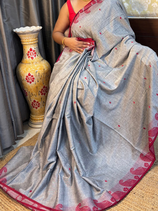 Grey Pure Cotton Dhonekhali Saree