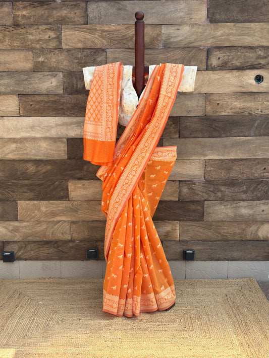 Orange - Mercerised Cotton saree