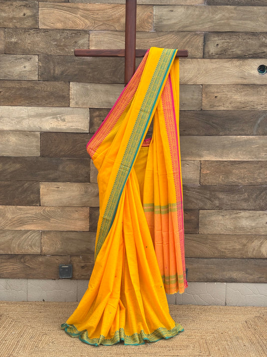 Yellow Soft Cotton Dhonekhali Saree