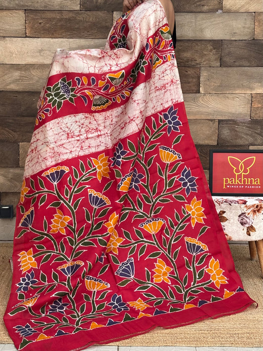 Red and white pure silk batik printed saree - view 2