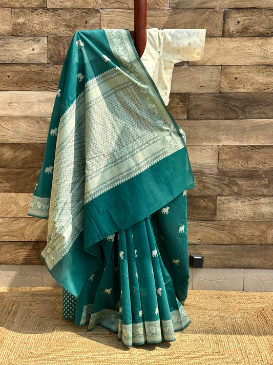 forest green mercerised banarasi cotton saree