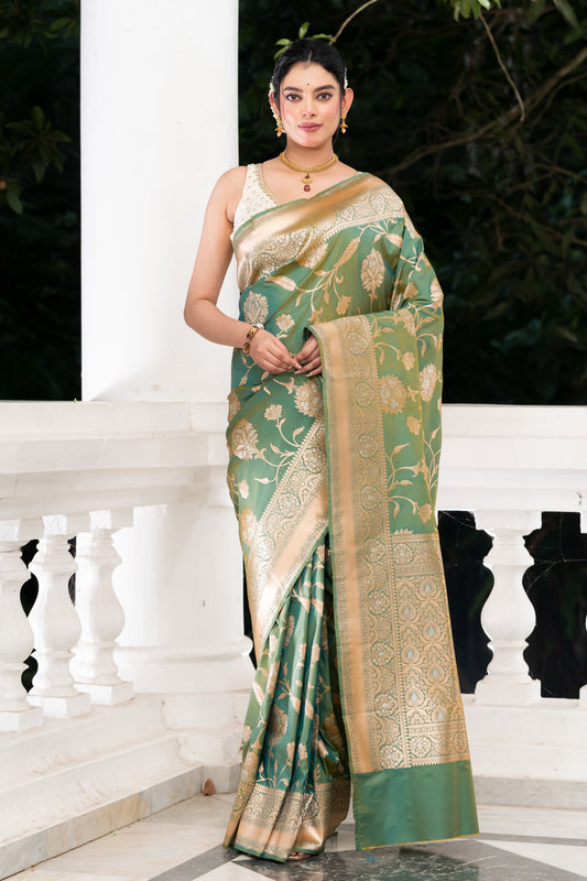 green fancy katan banarasi saree