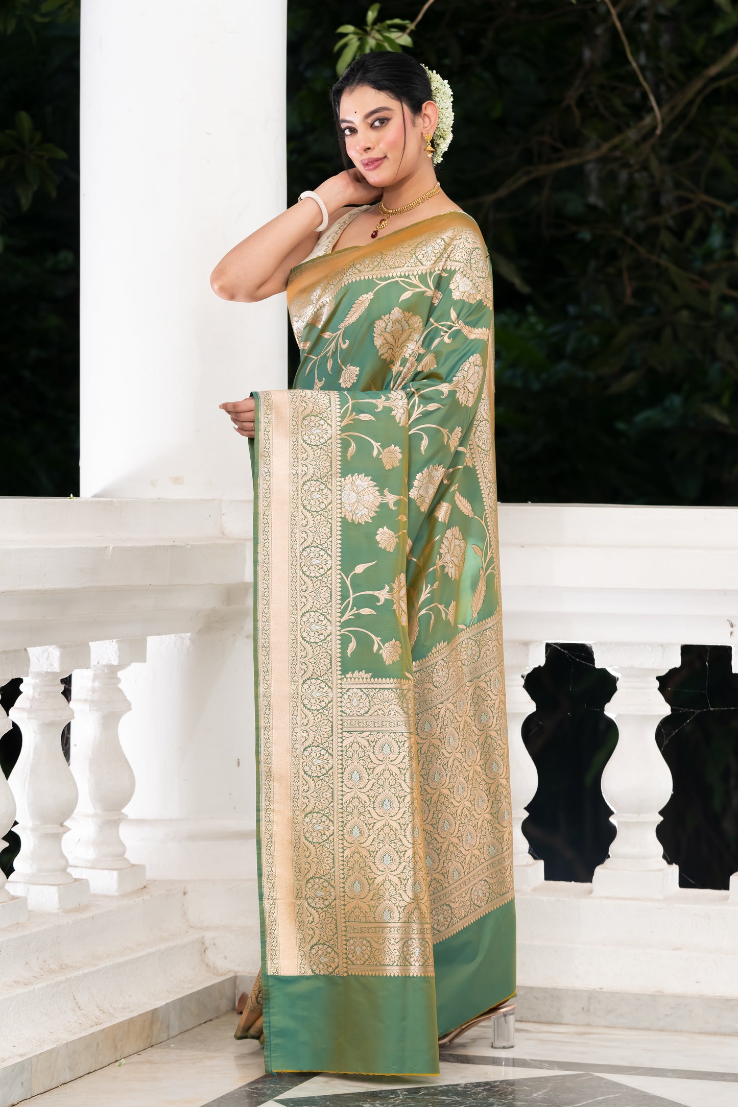 green fancy katan banarasi saree