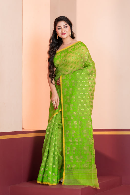 green silk jamdani cotton saree