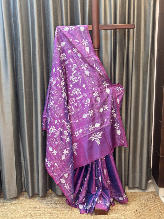 Jam Colour hand Kantha Stitch on Blended Bangalore Silk Saree