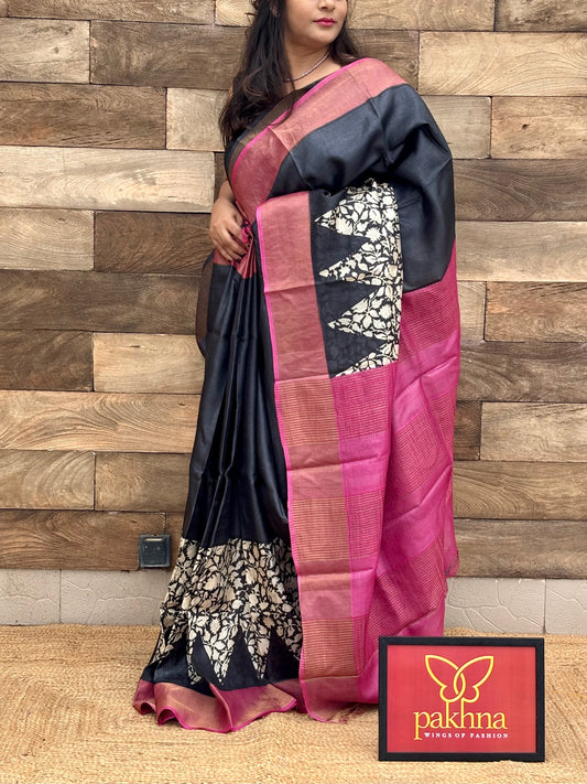 Black Pure Zari Tussar Hand Block Printed Saree