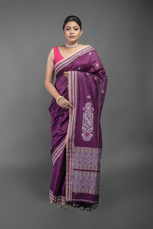 Majestic mauve mercerised handloom cotton saree, elegant purple tone