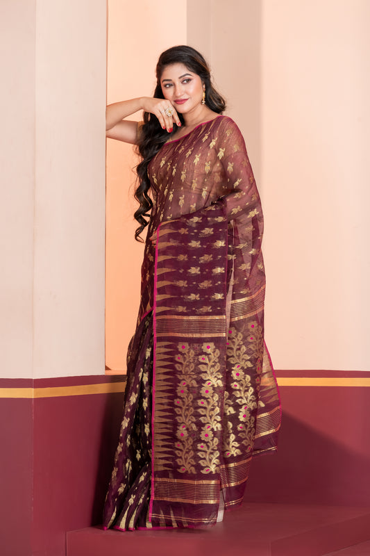 maroon bengal deep jamdani saree