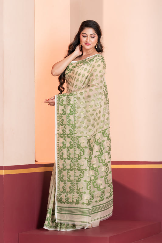off white & green silk jamdani cotton saree