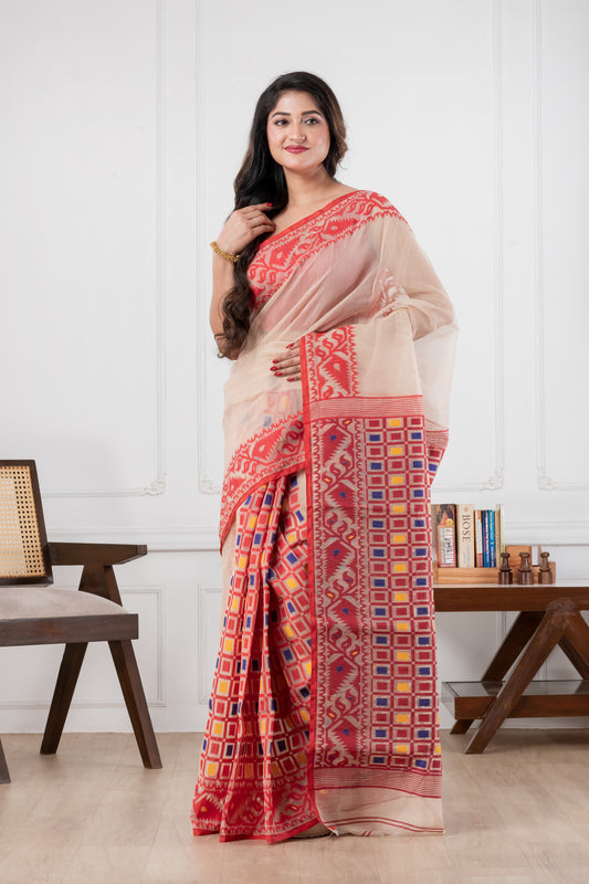 off white & red patli pallu jamdani saree