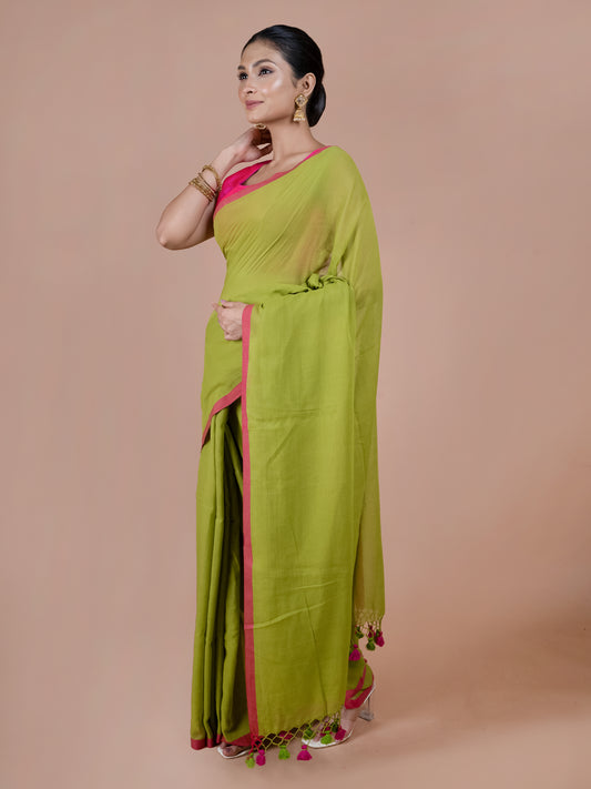 Olive bloom pure mulmul cotton saree, soft lightweight green mul cotton