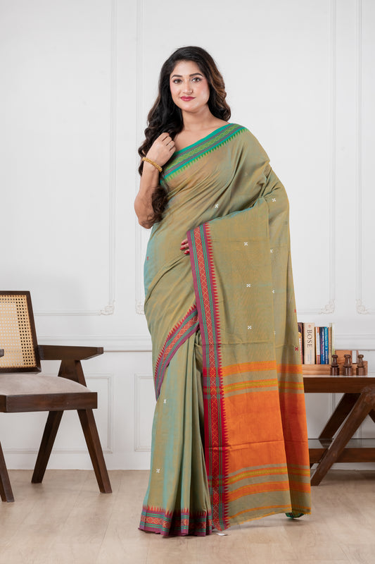 olive green dhonekhali pure cotton saree