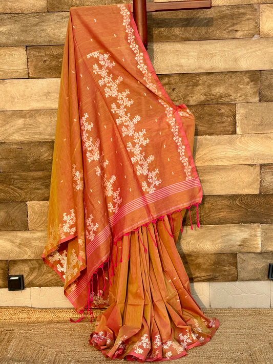 orange bengal jamdani cotton saree