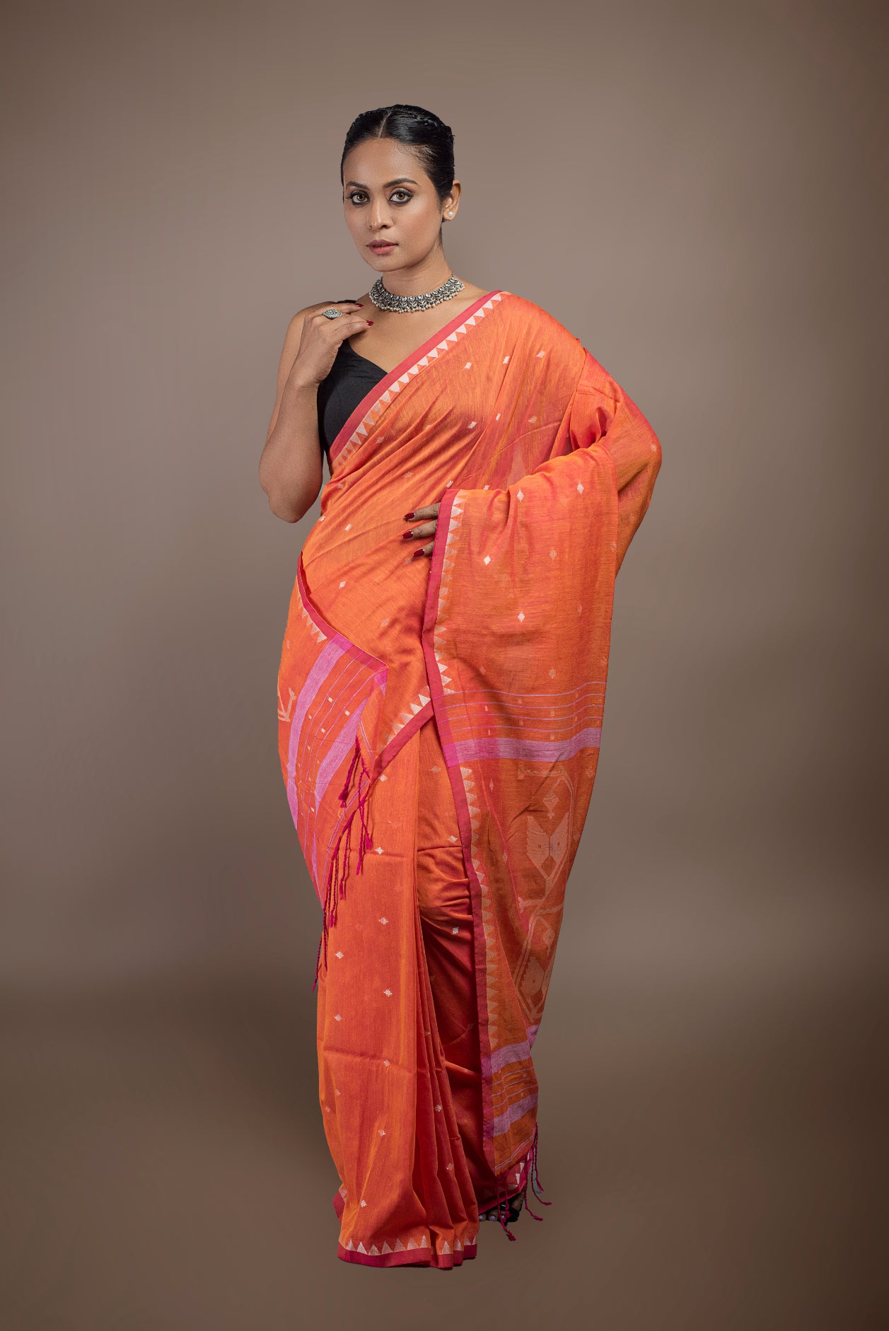 Orange Hazar Buti pure cotton Jamdani saree, lightweight Bengal handloom