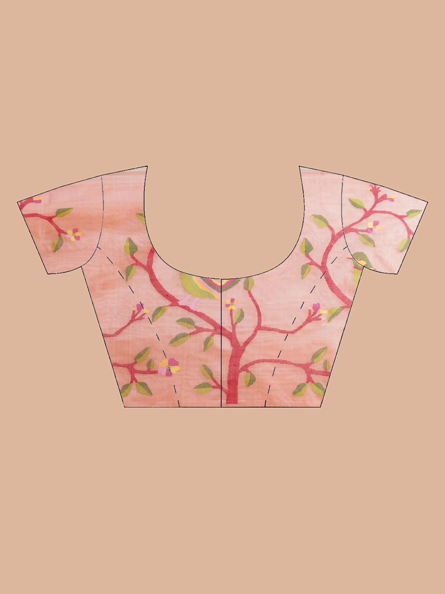 Peach Pure Muslin Saree With Floral Motifs and Birds