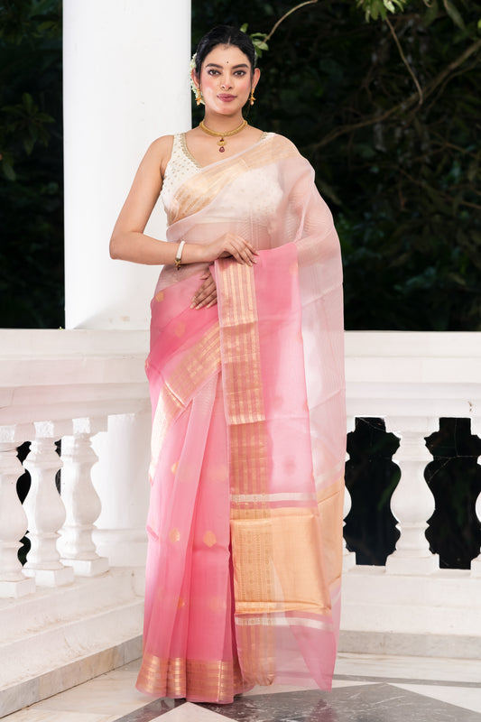 pink kora organza banarasi saree