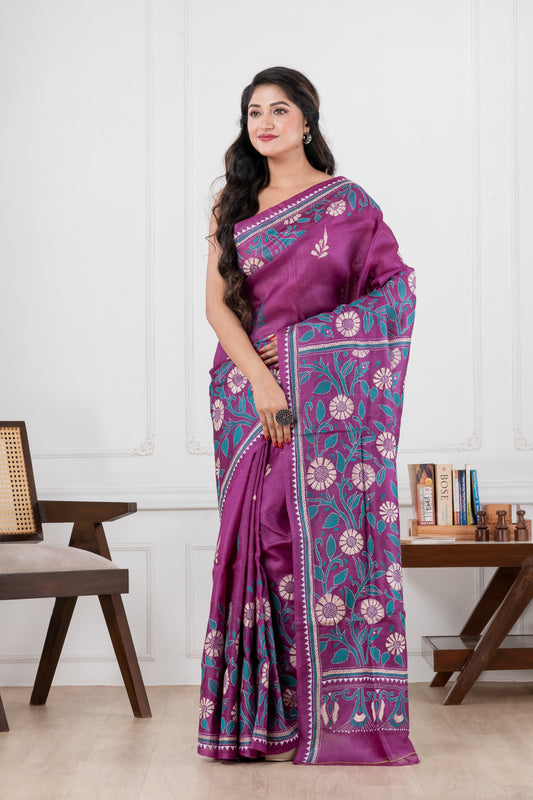 purple pure tussar rani kantha stitch saree