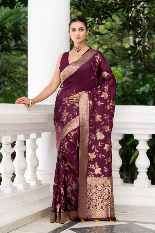 purple satin crepe banarasi saree