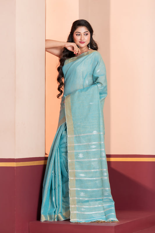 sky blue tissue linen jamdani saree