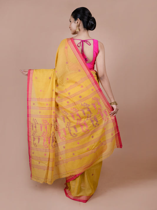 Sunflower yellow Bengal pure cotton Jamdani saree, bright lightweight