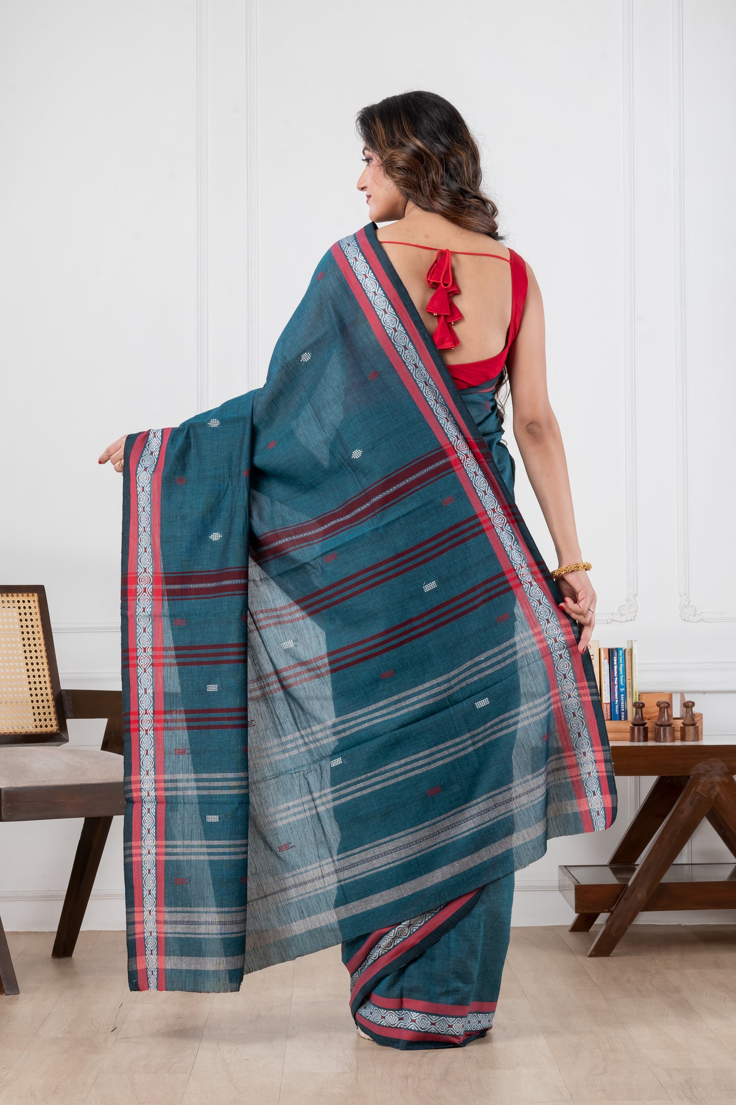 teal blue dhonekhali pure cotton saree