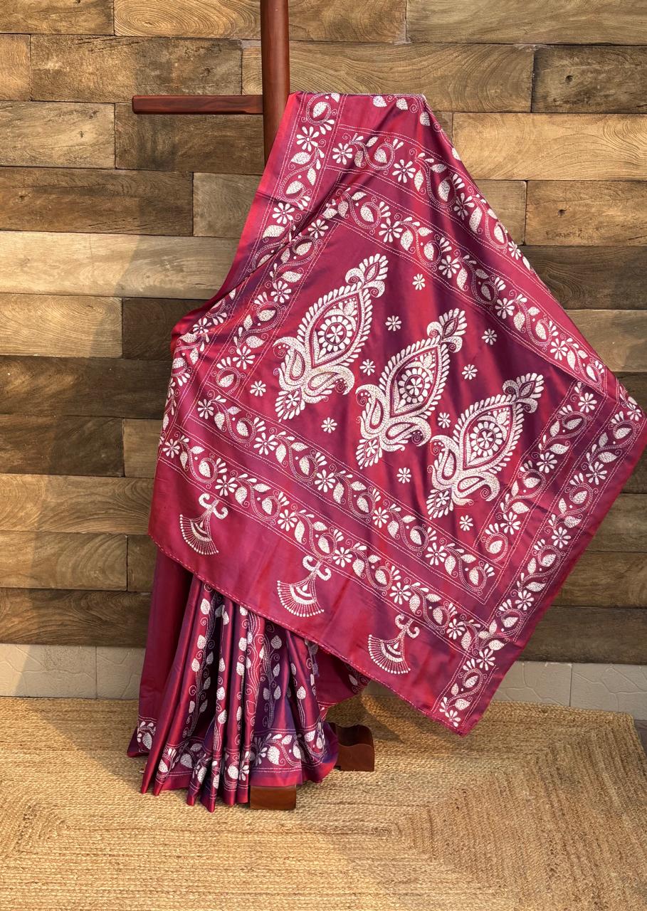 Pakhna Kantha Stitch Saree on Blended Bangalore Silk Saree