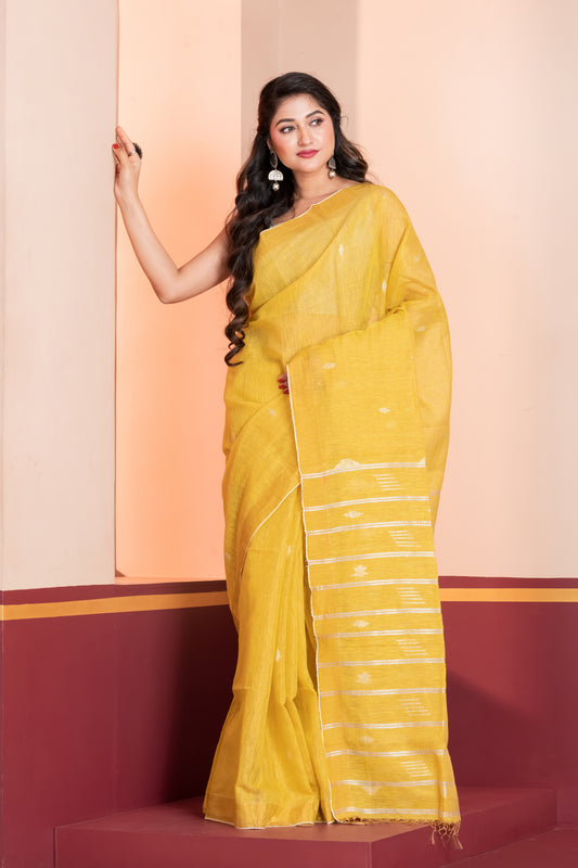 yellow tissue linen jamdani saree