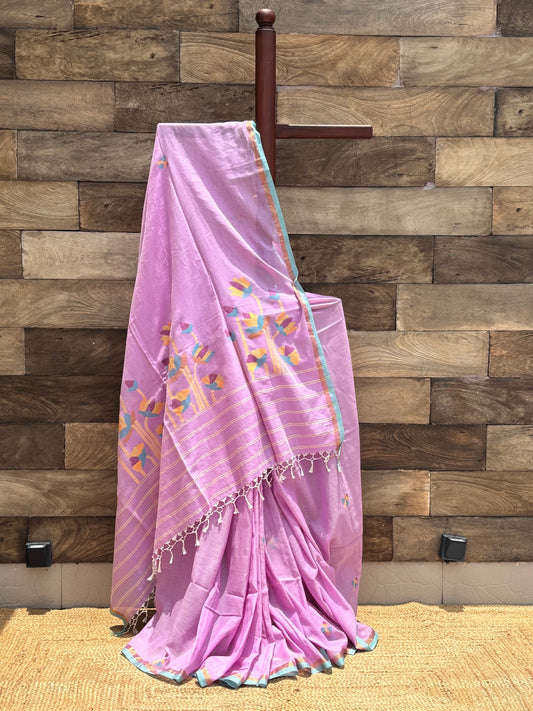 Mauve Soft Pure  Cotton  handwoven Needle work  Bengal  Jamdani Saree