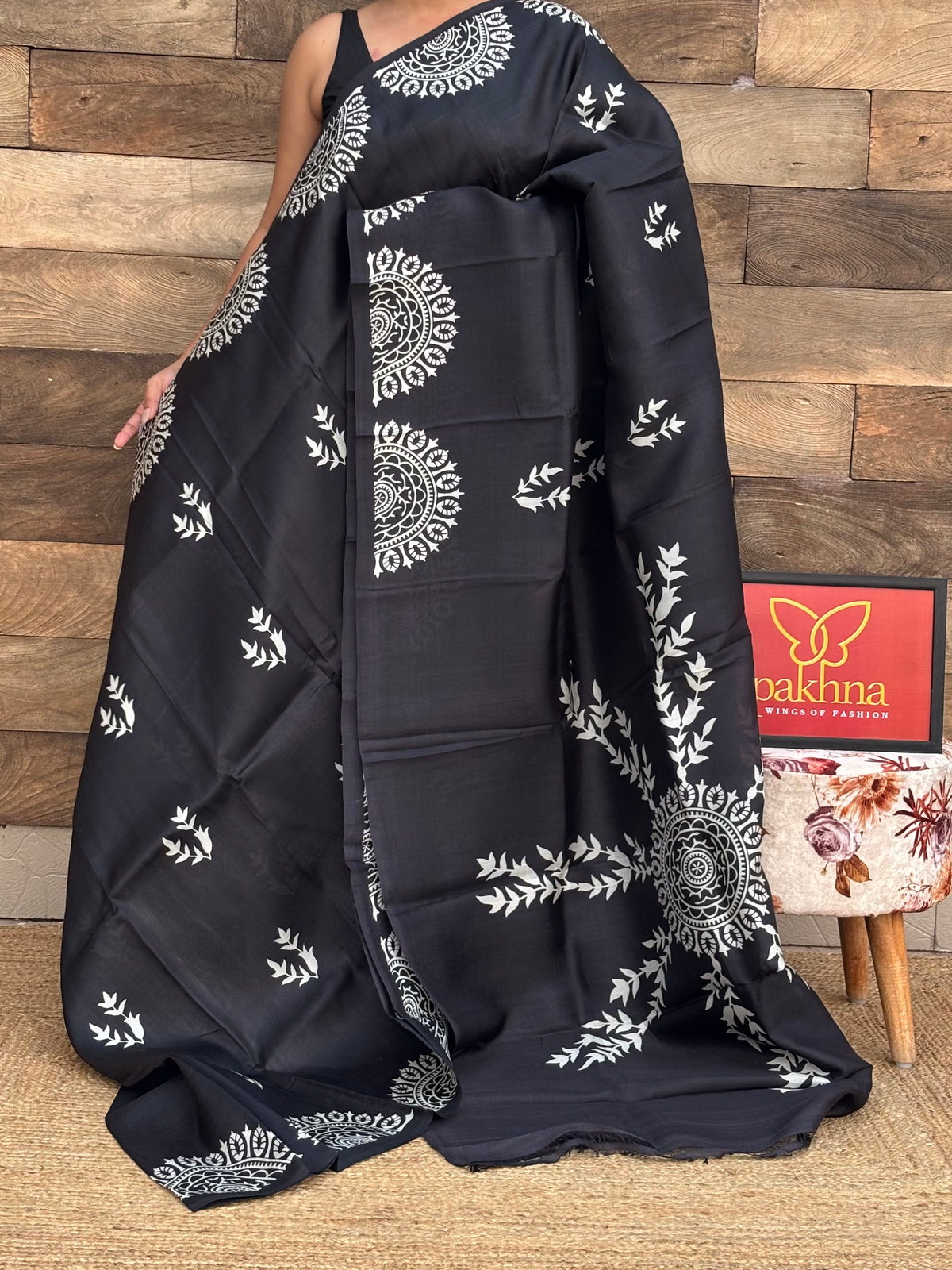 Black Pure Silk Handblock Printed  Saree