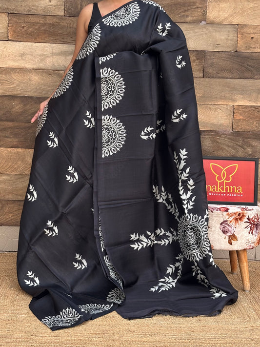 Black Pure Silk Handblock Printed  Saree
