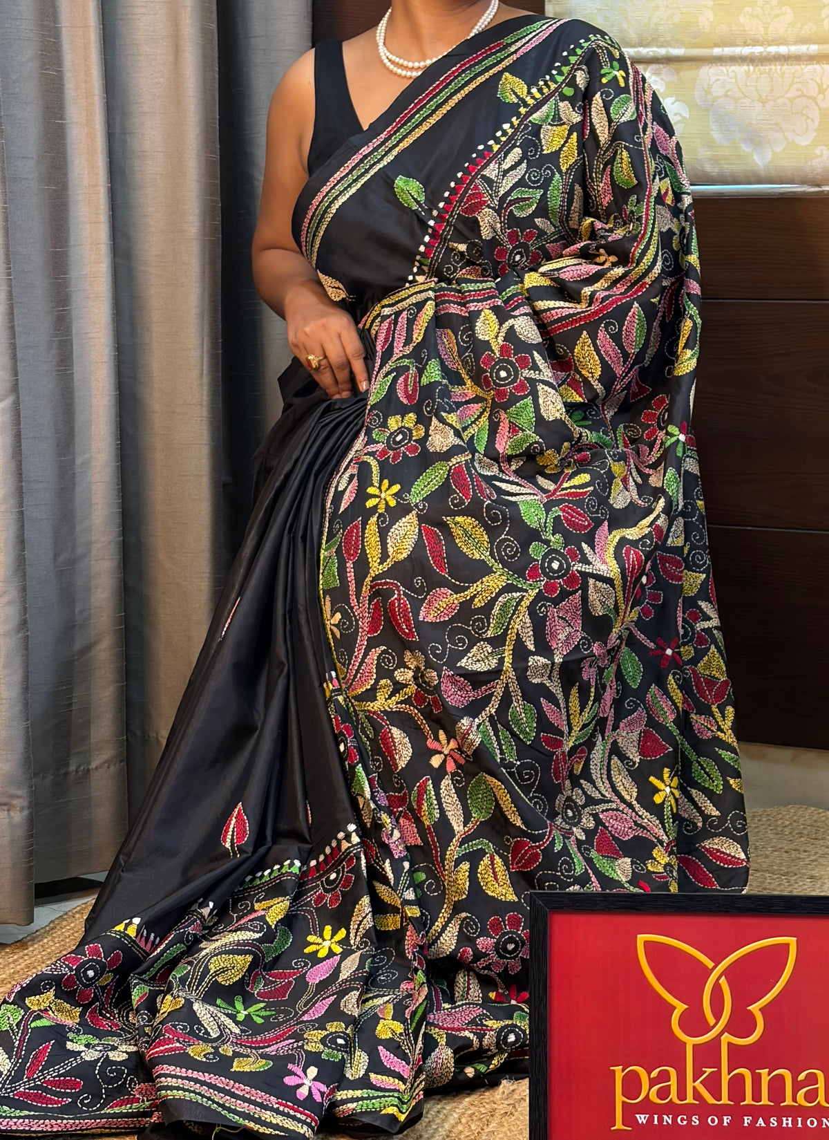 Black with multi colour thread hanfcrafted Kantha Stitch Saree on blended silk