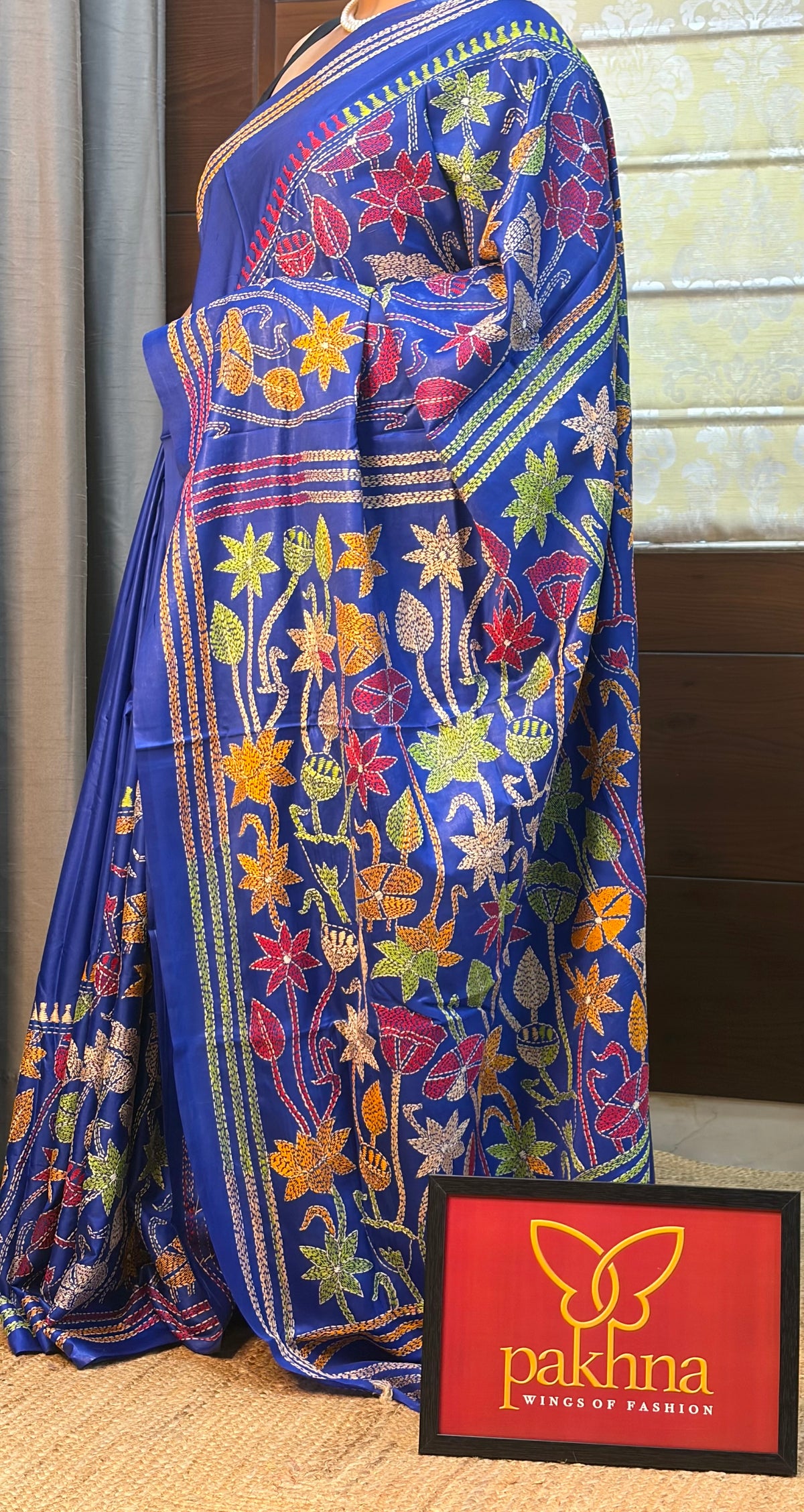 Pakhna Blue Handcrafted Kantha Stich Saree